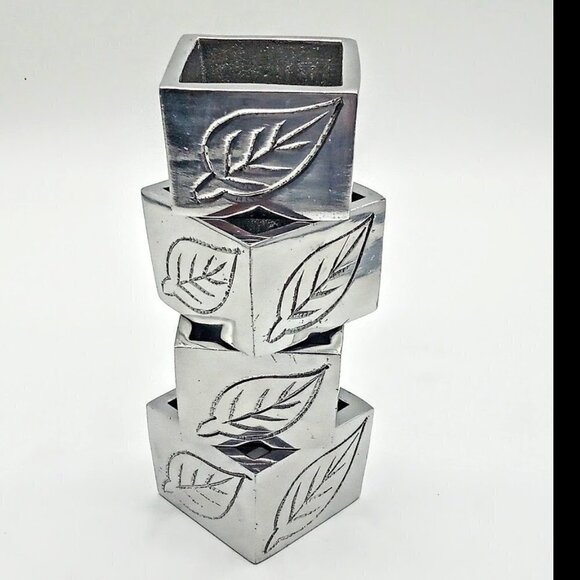 Pier 1 Silver Pewter Etched Leaves Square Napkin Rings - Picture 1 of 6